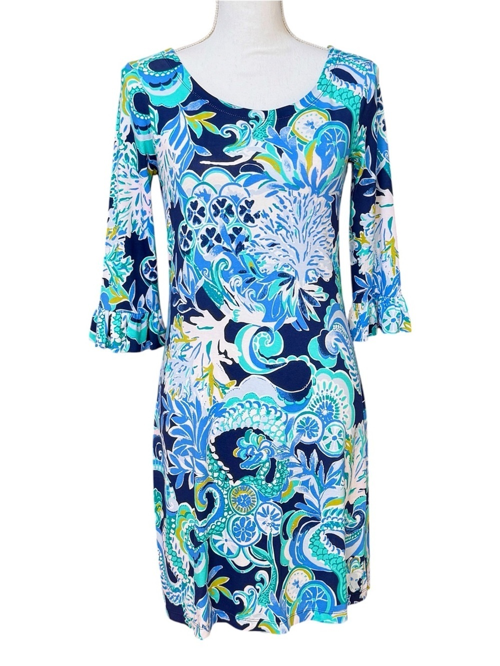 Lilly Pulitzer Blue & Aqua Floral Scoop Neck Dress Size XS EUC